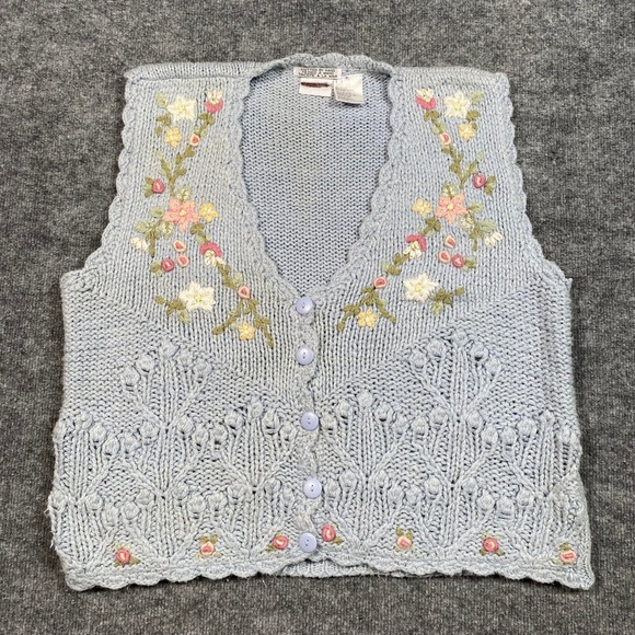 Bobbie Brooks Sweaters - Bobbie Brooks Vintage Hand Knit Floral Embroidered Sweater Vest Blue Womens L